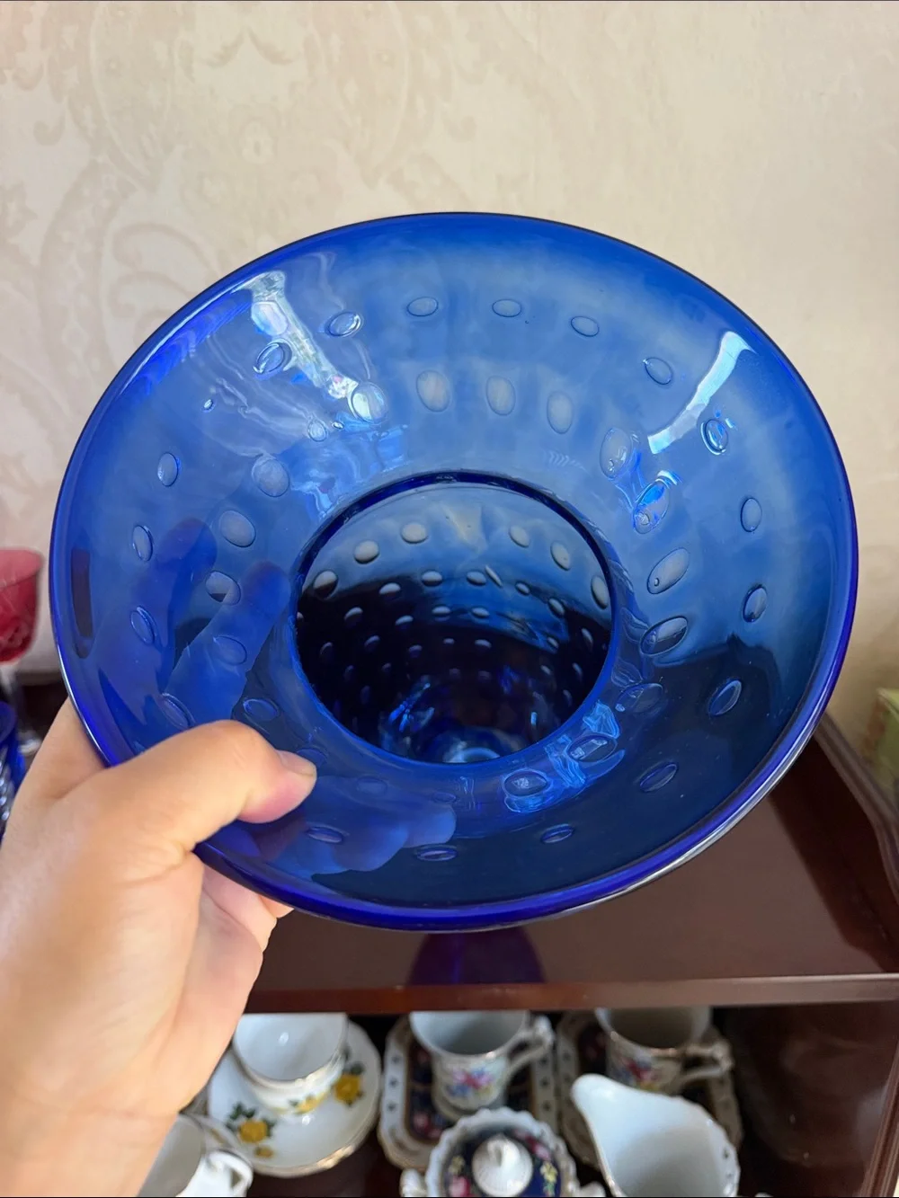 Large hand blown Cobalt Blue Art Glass Dot Pattern Vase